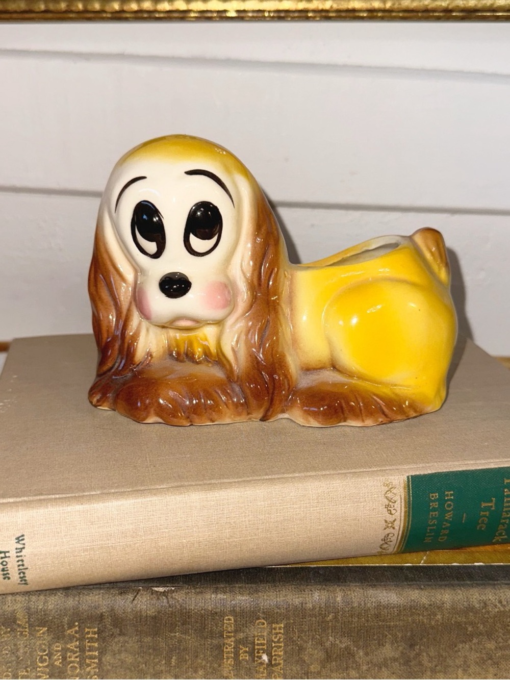 Mid Century Modern Small Yellow/Brown Ceramic Big Eyed Cocker Spaniel Planter